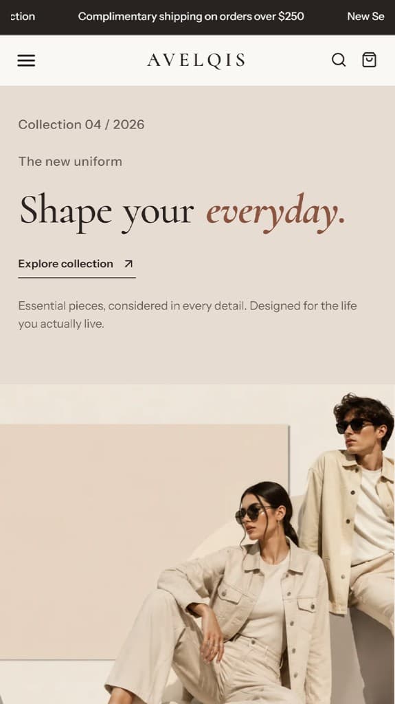 AVELQIS Shopify theme mobile homepage — responsive fashion storefront